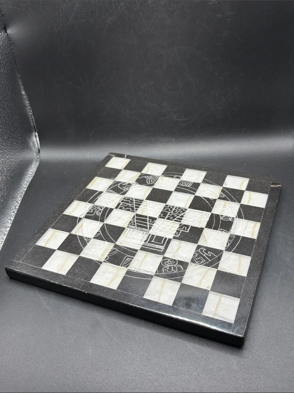 Black & White Stone Etched Mayan Pyramid Motif Chessboard Game Board Home Decor